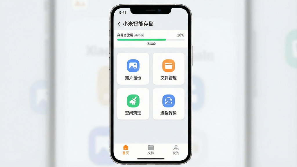 һ��չʾС�����ܴ洢Ӧ����������ֻ���Ļ��ͼ�������������ֻ����棬������ʾ��С�����ܴ洢��Ӧ�����ƺʹ洢�ռ�ʹ�ý��������м����������š���Ƭ���ݡ����ļ����������ռ���������Զ�̴��䡱�ĸ����ܿ�Ƭͼ�꣬�ײ��С���ҳ�����ļ������ҵġ�����������ǩ������Ϊǳ�Ұ�ɫ����������ִ������������ɾ����޶���Ԫ��