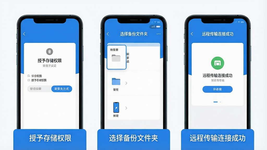 һ��չʾС�����ܴ洢���ֲ��������ʾ��ͼ�������Ϊ�������ŵ��ֻ���Ļ��壬������������ʾ������洢Ȩ�ޡ����桢��ѡ�񱸷��ļ��С�����͡�Զ�̴������ӳɹ������棬ÿ������·��м������ֱ�ע������ţ��������ƽ����ѧͼʾ����ɫ������Ϊ�������ʸɾ�������������Ԫ��