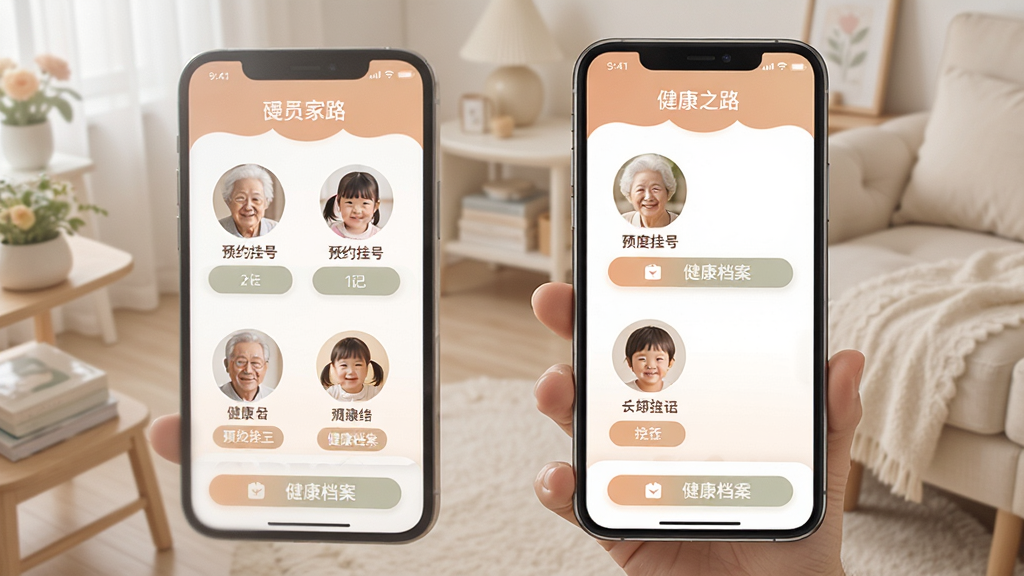 ����֮·APP��ͥ�˻��������棬�ֻ���Ļչʾ��ͥ��Ա�б����������˺Ͷ�ͯͷ��ÿ����Ա�·���ԤԼ�Һźͽ���������ť��������ɫ��ͣ��������룬�����ܰ��࣬���������ɾ�