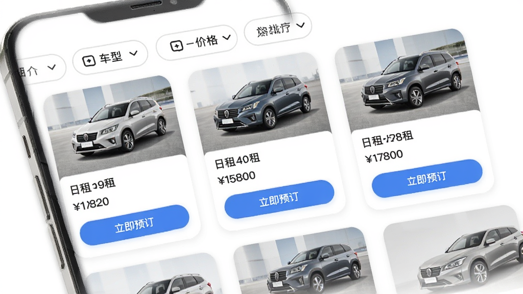 һ���⳵APP�����б����棬�ֻ���Ļ��ʾ������Ƭ��ÿ�ſ�Ƭ��������ͼƬ���������ơ�����۸������Ԥ����ť��ҳ�涥����ɸѡ���ɰ����ͺͼ۸����򣬱���Ϊ��ɫ����ƬԲ����ƣ��������ˬ�����ʸɾ����޶���Ԫ��