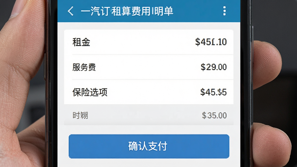 һ���⳵APP������ϸҳ�棬�ֻ���Ļ��ʾ���������嵥��������𡢷���ѡ�����ѡ�����Ŀ��ÿ�����ú��н�����֣��ײ���ȷ��֧����ť��ҳ��������������ֱ�ǩ��ȷ������ִ���ƽ�����ʸɾ����޶���Ԫ��