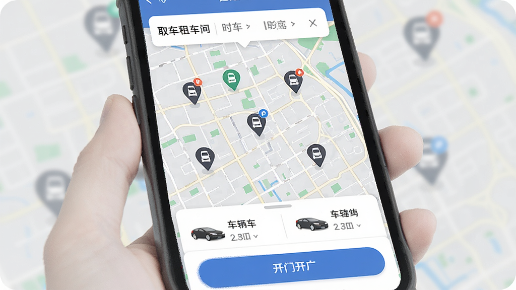 һ���⳵APPȡ����ͼ���棬�ֻ���Ļ��ʾ���е�ͼ����ͼ���ж���ŵ��ǵ�ͳ���λ��ͼ�꣬������ȡ��ʱ��ѡ�������ײ��г�����Ϣ��Ƭ�Ϳ��Ű�ť������ִ���ƽ��ϸ�����������ʸɾ����޶���Ԫ��