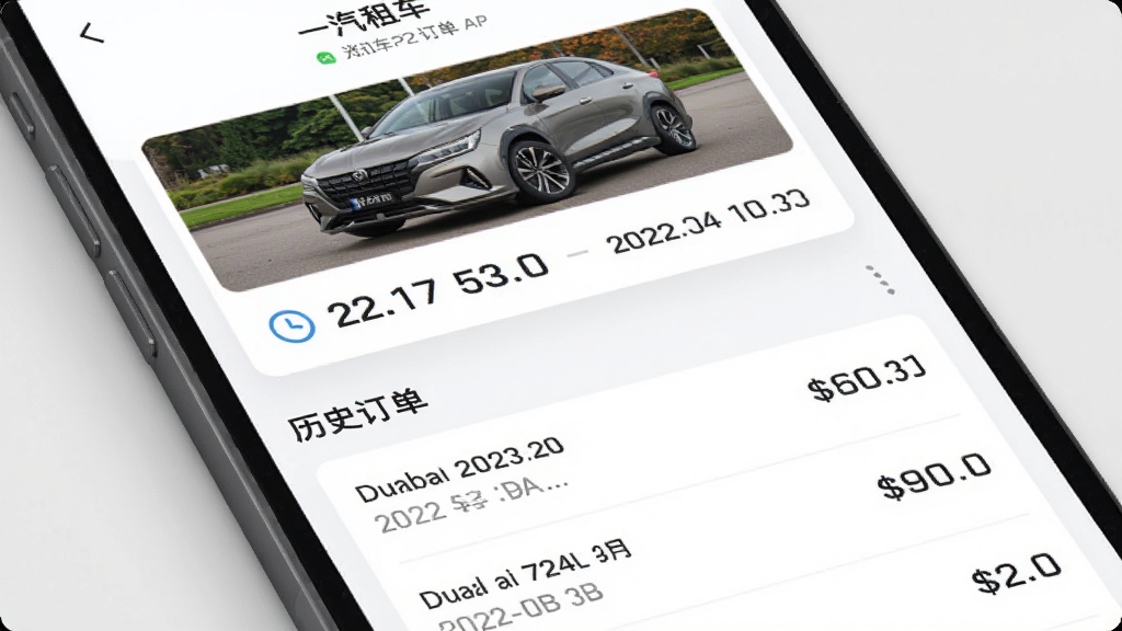 һ���⳵APP�����������棬�ֻ���Ļ��ʾ�����б����Ϸ�Ϊ�����ж�����Ƭ��������ͼƬ�ͻ�������ʱ���·�Ϊ��ʷ�����б���ÿ��������ʾ���ںͷ��ý�ҳ�沼�����������ֱ�ǩ��ȷ��������ִ������ʸɾ����޶���Ԫ��