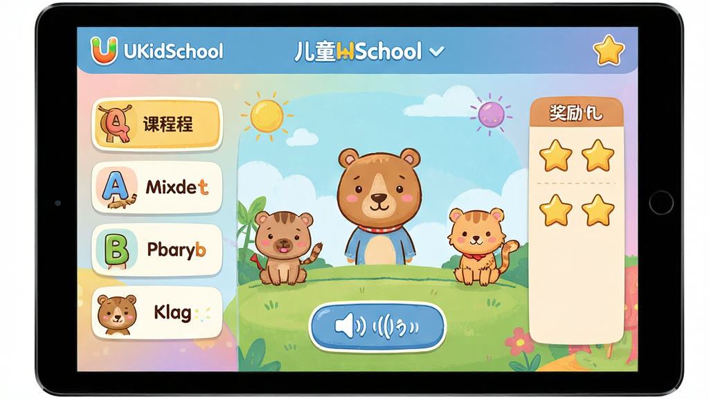 һ��չʾUKidSchool��������ȫò��ͼƬ������Ϊһ���������õ�ƽ����ԣ���Ļ����ʾUKidSchool�Ķ�ͯӢ��ѧϰ�����棬�������п�ͨ�����ɫ����ĸ��Ƭ������������ť������Ϊ���γ��б����м以��ѧϰ�����Ҳཱ�����������Ű��������򣬷��Ϊ�������õĶ�ͯ�廭�磬ϸ�ڰ���Բ���ͼ�ꡢ��ͽ��䱳�����ɰ����ֻ�Ԫ�أ����ʸ���ɾ����޶���Ԫ�ء�