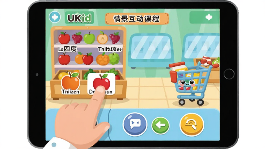 һ��չʾUKidSchool�龰�����γ̵�ͼƬ������Ϊһ̨ƽ�������ʾ���й��ﳡ����Ӣ��ѧϰ���棬��Ļ���л��ܡ�ˮ��ͼ������Ӣ�ı�ǩ�����ӵ���ָ���ڵ����Ļ�ϵ�ƻ��ͼ�꣬����Ϊ�Ϸ��������桢�·�������ť�����Ű��࣬���Ϊ��ͨ��ƽ�廭�磬ϸ�ڰ���������ɫ�ʡ�Բ���ͼ�Ρ��ɰ��Ĺ��ﳵԪ�أ����������ɾ����޶���Ԫ�ء�