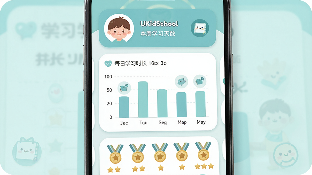 һ��չʾUKidSchoolѧϰ������ɳ���¼��ͼƬ������Ϊһ���ֻ���Ļ��ʾѧϰ����ҳ�棬ҳ���Ϸ��Ǻ���ͷ��ͱ���ѧϰ�������м�����״ͼչʾÿ��ѧϰʱ�����·���һ��ѫ��ͼ�����������������Ϊ����Ƭʽ���У����Ϊ���¼�Լ�Ķ�ͯ�����磬ϸ�ڰ�����͵�����ɫ����Բ�ǿ�Ƭ���ɰ���Сͼ�꣬���ʸ���ɾ����޶���Ԫ�ء�