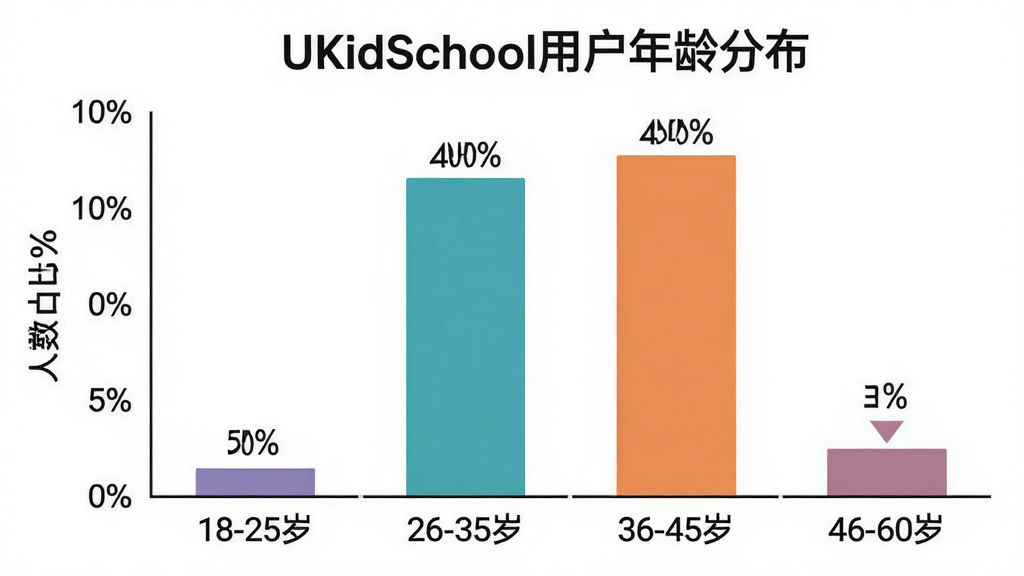 һ��չʾUKidSchool�û�����ֲ�����״ͼ������Ϊ��״ͼͼ��������Ϊ����α�ע��18-25�ꡱ��26-35�ꡱ��36-45�ꡱ��46-60�ꡱ������Ϊ����ռ�Ȱٷֱȣ�����߶ȷֱ��ӦԼ5%��45%��40%��10%������Ϊͼ�����С��������Ϸ������Ϊ������ݿ��ӻ��磬ϸ�ڰ����������������ǩ����ͬ��ɫ�����塢�ٷֱ����ֱ�ע�����ʸɾ��޶���Ԫ�ء�