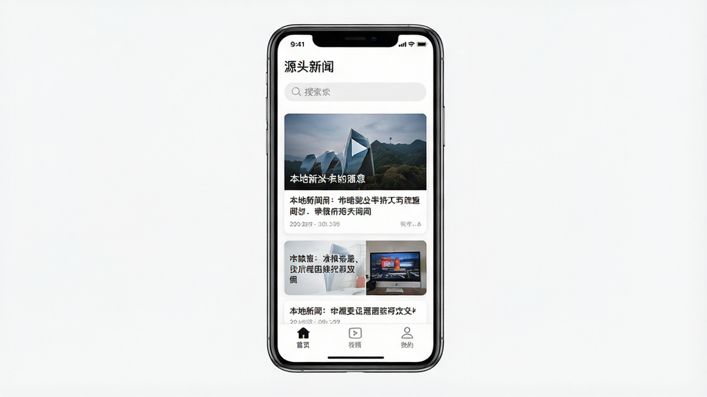 һ��չʾ��Դͷ���š�APP���Ľ�����ֻ�����ͼ������������һ�������ֻ�����Ļ����ʾ��Դͷ���š�APP����ҳ������Ϊ�������������м���ͼ�Ĳ�ï��������Ϣ����Ƭ�������������ű��������ͼ���ײ�Ϊ��ҳ����Ƶ���ҵ�����������ǩ�������Ű�����������ִ���Լ��ƽ����ϸ�ڸɾ������ʸ��壬����Ϊ��ɫ���ף��޶���װ��Ԫ��