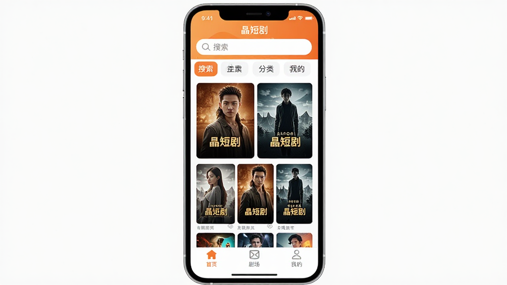 �ֻ�����չʾ�����̾硱App�����棬���涥�����������ͷ����ǩ���м��Ƕ̾�������񣬵ײ�����ҳ���糡���ҵ�����������ť�����岼��������������ִ�����ɫ��ů�ȺͰ�ɫΪ��������ɾ��޶���Ԫ�أ����ʸ���