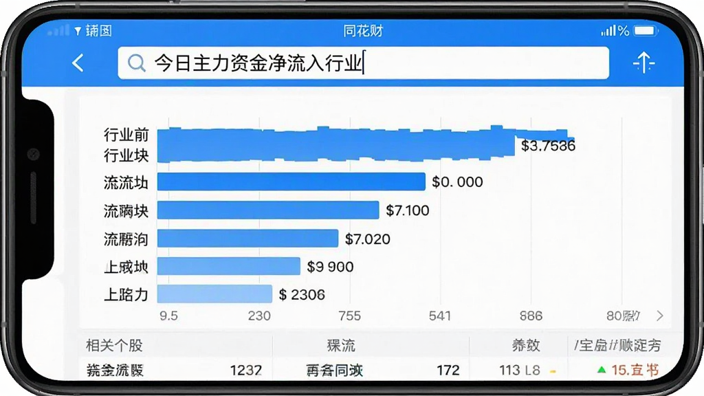 一张展示同花顺i问财App资金流向监控界面的手机截图,画面顶部是搜索框输入“今日主力资金净流入行业”,中部是横向条形图展示排名前五的行业板块及净流入金额,底部是相关个股列表,配色以蓝白为主,图表清晰直观,风格简洁现代,画质干净利落