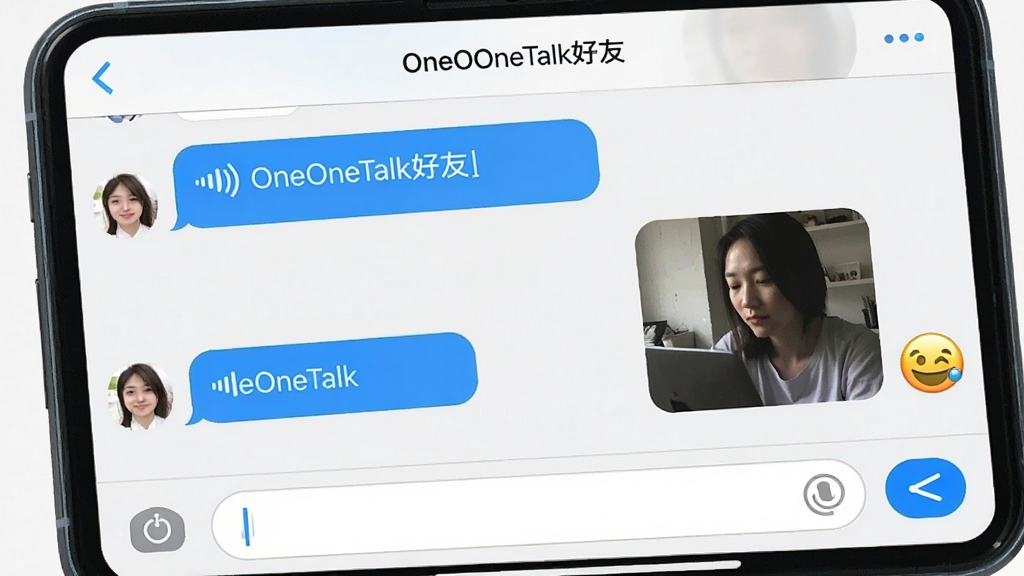 һ���ֻ����������дͼ��չʾOneOneTalk������Ի����ڣ�����ǶԷ�������������Ϣ���ݺ�������Ϣ�����Ҳ����Լ����͵�ͼƬ�ͱ��飬������ʾ��ϵ���ǳơ�OneOneTalk���ѡ����ײ��������ͷ��Ͱ�ť������ɾ���ˬ���׵��������ݣ�����Լ�ִ�����������