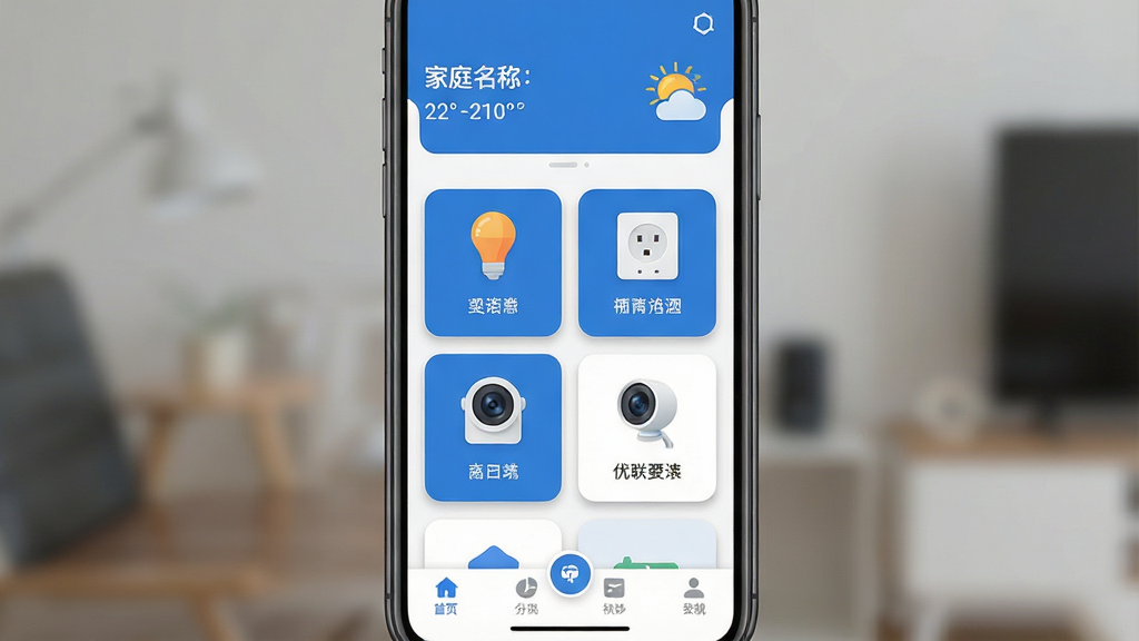 һ��չʾ��������App����ȫò��ͼƬ������Ϊһ�����з��õ������ֻ�����Ļ��ʾApp�����棬���ְ���������ͥ������������Ϣ���в��豸��Ƭ�������ܵơ�����������ͷͼ�꣩�Լ��ײ����������Ű���������Ϊ�ִ���ƽ����ƣ���ɫ������Ϊ����ϸ����ͼ��Բ�󡢿�Ƭ����΢��Ӱ�����������ɾ����޶���װ��Ԫ��