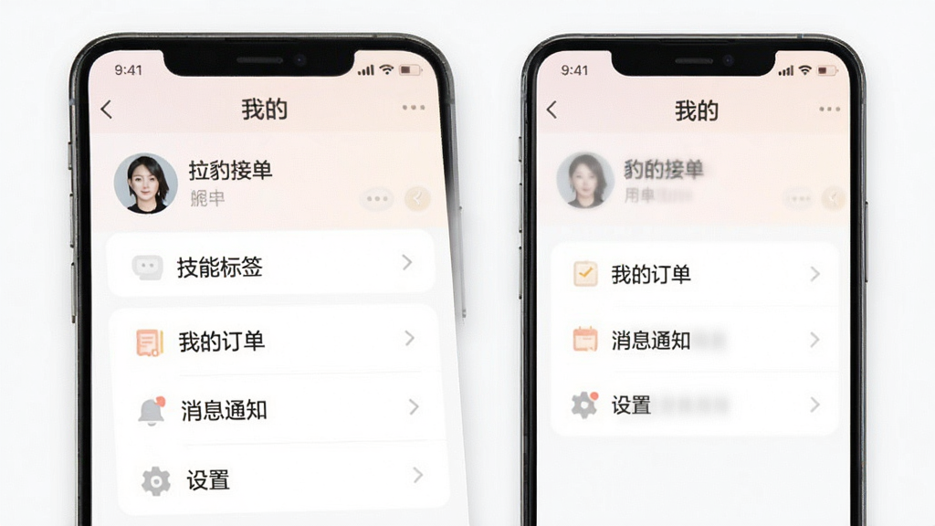 һ���ֻ�Ӧ�ø�������ҳ��Ľ���ͼ������չʾ�������ӵ���APP�ġ��ҵġ�ҳ�棬�������û�ͷ����ǳ������м��С����ܱ�ǩ�����ҵĶ���������Ϣ֪ͨ�������á����б��ÿ���б����������Сͼ�꣬���岼�ֹ���������Լ��ɫ����ͣ����ʸɾ����޶���Ԫ��