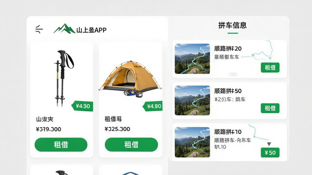 ���������ǡ�ɽ���ˡ�APP��װ�����ҳ�棬��Ļ����ʾ��ɽ�ȡ�����ͷ�Ƶ�װ����ͼƬ�����۸��Ա��С�ƴ����Ϣ����ǩҳ��չʾ�˼���˳·ƴ����·����Ϣ������Ϊ���ҷ����Ŀ�Ƭ�Ű棬��������ʵ�÷磬ϸ�ڰ�����������ƷͼƬ���۸��ǩ����ɫ��谴ť�����ʸɾ���Ȼ������Ϊǳ��ɫ���޶���Ԫ�ء�