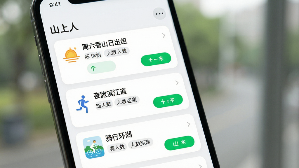 ����������һ���ֻ�������д����Ļ��ʾ��ɽ���ˡ�APP�ĸ�����б����б����С�������ɽ�ճ��顱��ҹ�ܱ������������л������Ȼ��Ƭ��ÿ�ſ�Ƭ����ʱ�䡢�����;����ǩ������Ϊ�����б��Ű棬�������ˬ�Ŀ�Ƭʽ��ƣ�ϸ�ڰ���Բ�ǿ�Ƭ����ɫ������ť�ͼ���ͼ�꣬���ʸɾ������������黯�������޶���Ԫ�ء�