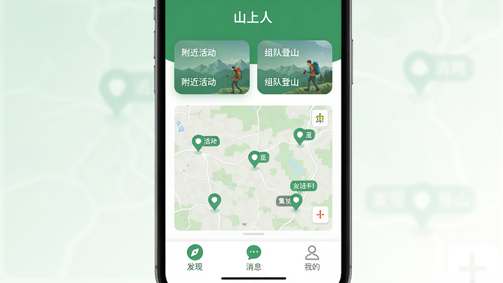 ������һ���ֻ���Ļ����Ļ����ʾ��ɽ���ˡ�APP�������棬��������ɫ�Ͱ�ɫΪ��ɫ���������С���������͡���ӵ�ɽ���Ŀ�Ƭ���м��ǵ�ͼ�ϱ�ע�˶������ϵ㣬�ײ��ǡ����֡�����Ϣ�����ҵġ�����ͼ�ꡣ����Ϊ�ֻ�����չʾ���Ű��࣬����Ǳ�ƽ���ִ�����磬ϸ�ڰ���Բ���ͼ������������ֱ�ǩ�����ʸɾ����壬����Ϊǳɫ���䣬�޶���Ԫ�ء�