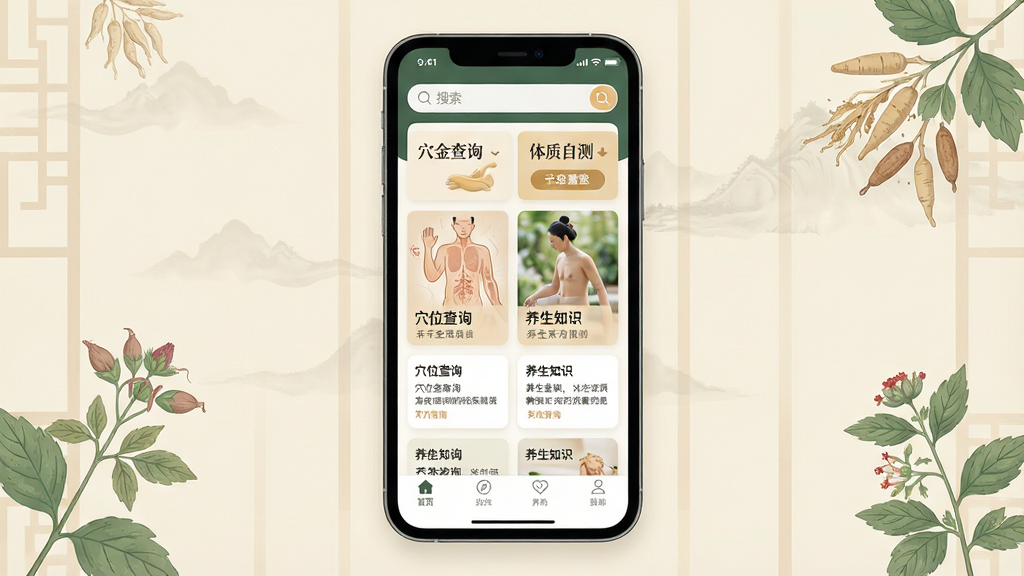 一张展示千金中医App核心界面的手机样机图,画面中央是手机屏幕,屏幕内显示千金中医首页,顶部有搜索框和体质自测入口,中部为穴位查询和养生知识卡片,底部为导航栏,背景为浅米色中式简约风格,周围点缀淡雅的中草药植物插画元素,整体布局清晰,风格现代扁平,画质干净,无多余元素