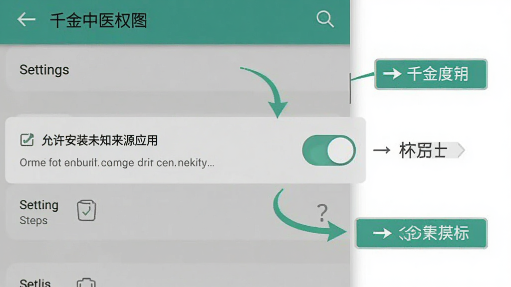 千金中医App在安卓手机上的安装权限设置界面示意图,画面展示手机设置页面中「允许安装未知来源应用」的开关选项,旁边配有简洁的步骤标注和箭头指引,风格扁平化,配色清爽,布局清晰,画质干净