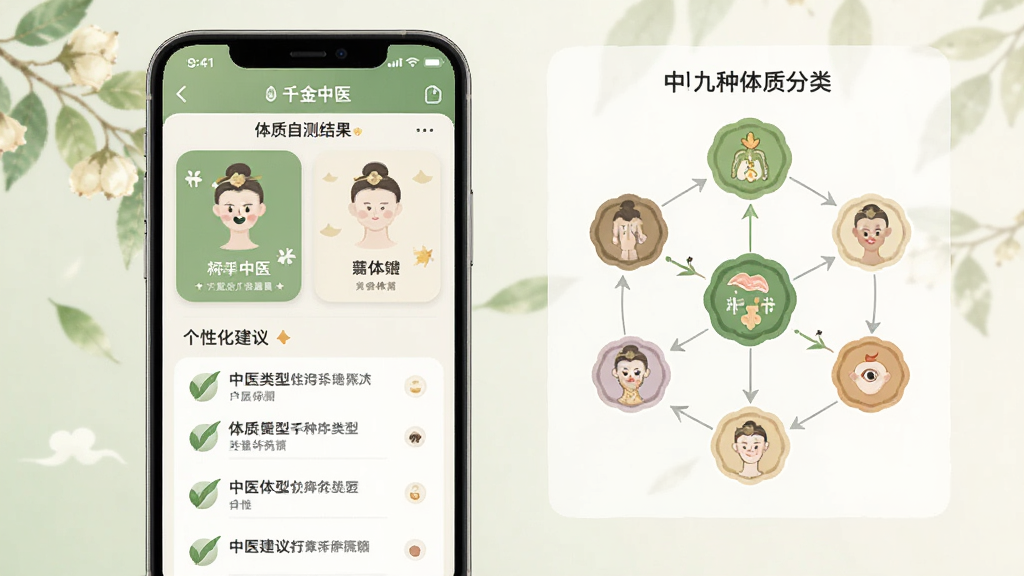 千金中医App体质自测结果页面,手机屏幕显示体质类型卡片和个性化建议列表,旁边配有中医九种体质分类的简洁图表,画面风格清新淡雅,以绿色和米色为主色调,布局规整,文字清晰,画质干净