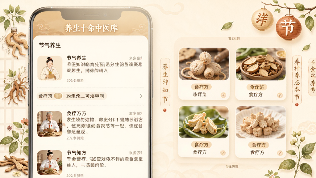 千金中医App养生知识库页面,手机屏幕展示节气养生文章列表和食疗方卡片,背景有淡雅的中草药和节气插画元素,画面风格温暖柔和,布局清晰,文字可读性强,画质干净无杂乱