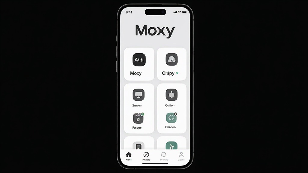 �ֻ���Ļ����չʾ��Moxy��Ӧ�������棬���岼��Ϊ����Ʒ�Ʊ�ʶ���в����ܿ�Ƭ���񡢵ײ���������ǳɫ��������Բ��ͼ�꣬������¼�࣬ϸ�ڸɾ��������������޶���Ԫ��