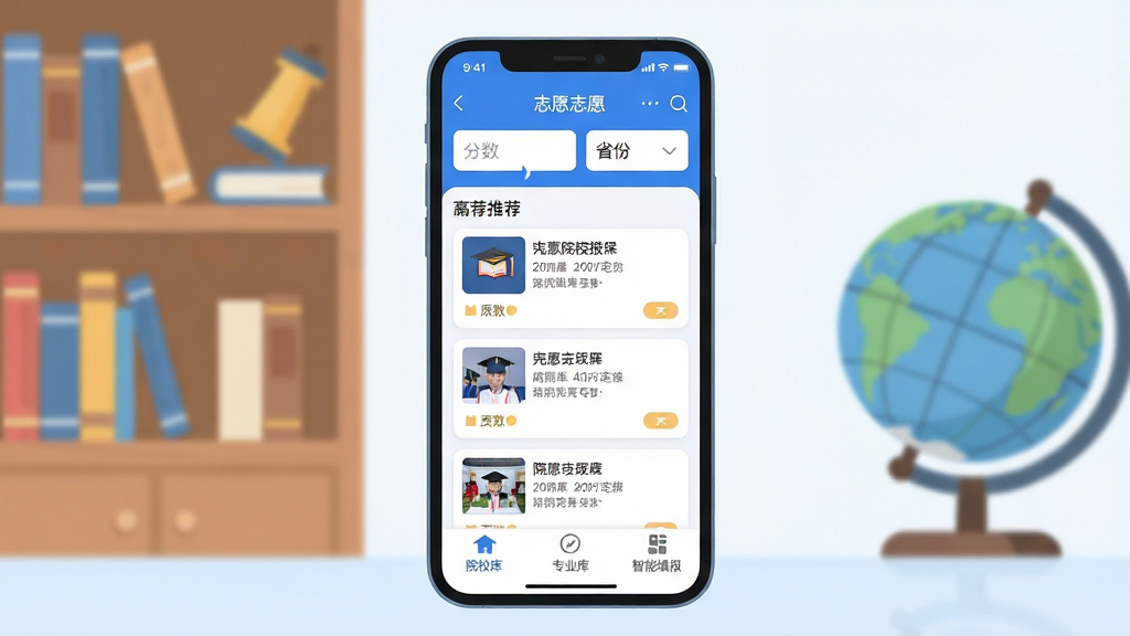 �߿�־ԸAI Ӧ��������ȫòչʾ���ֻ���Ļ���У���������Ϊ����ɫ����־Ը�App���棬������ʾ����������ʡ��ѡ�������в�ΪԺУ�Ƽ���Ƭ�б����ײ�ΪԺУ�⡢רҵ�⡢���������������ǩ������Ϊ����������Ԫ�ص�׺����ƽ����Ʒ��ϸ�ڸɾ�Բ�󣬻��������������޶���Ԫ��