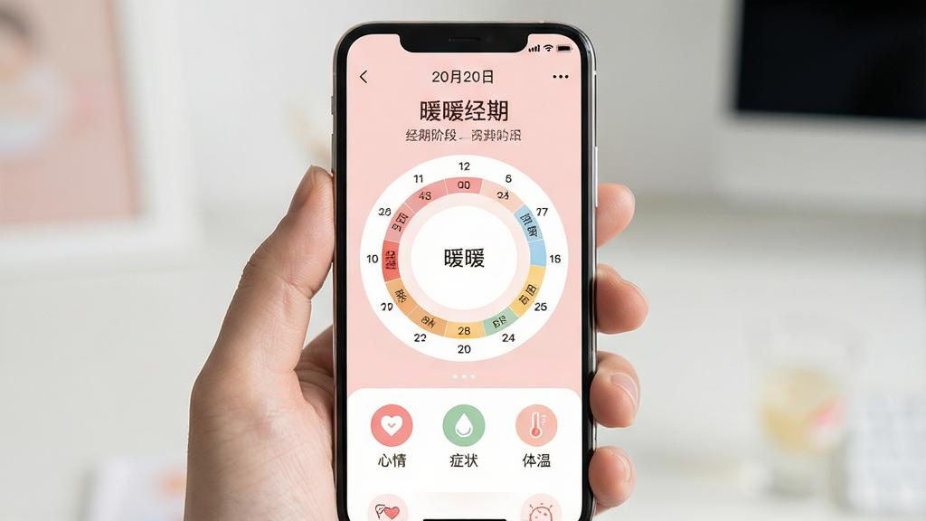 一张展示手机屏幕的图片,屏幕中央是“暖暖经期”应用的主界面,界面设计柔和,以浅粉色和暖白色为主色调,顶部显示当前日期和经期阶段提示,中间是一个圆形的日历视图,用不同颜色标记了经期、排卵期和安全期,下方排列着记录心情、症状、体温的快捷图标,整体布局清晰,风格温馨、干净、现代,画质细腻,无多余元素