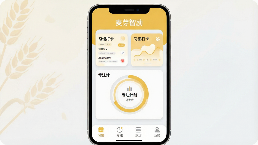 一张展示“麦芽智励”软件核心全貌的手机界面图,画面中央是一部竖屏手机,屏幕内呈现应用首页,顶部显示“麦芽智励”字样,中部是习惯打卡卡片和专注计时圆环,底部为习惯、专注、统计、我的四个标签栏,整体布局清晰,风格现代扁平,配色以麦芽黄和浅灰白为主,细节圆润,画质干净无多余元素