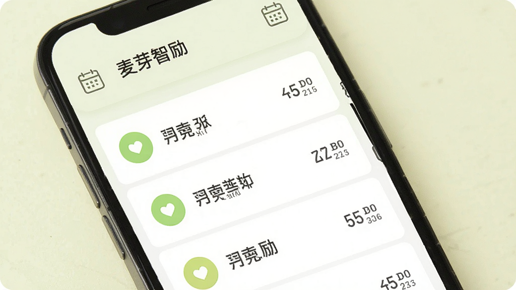 一张“麦芽智励”习惯打卡功能的界面图,画面中手机屏幕展示习惯列表,每个习惯左侧有圆形打卡按钮,右侧显示连续天数,顶部有日历图标,背景为浅色,风格简洁清新,画质干净无多余元素