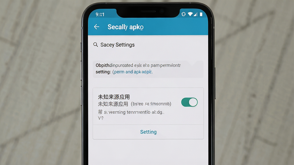 一张展示手机安装apk时“未知来源应用”权限设置界面的示意图,画面中手机屏幕显示安全设置页面,有开关按钮和提示文字,风格写实清晰,画质干净无多余元素