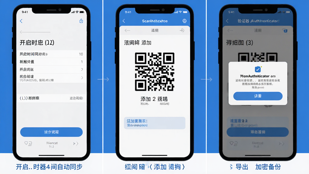 ��֤��Authenticator������������ʾ��ͼ���ֻ���Ļ������չʾ����һ����ʱ���Զ�ͬ�����ý��棬�ڶ���ɨ���ά���������ƽ��棬�����񵼳����ܱ��ݵ�����ÿ���·��������ֱ�ǩ����������ˬ��ƽ����������ɫ�����ʸɾ��������������޶���Ԫ��