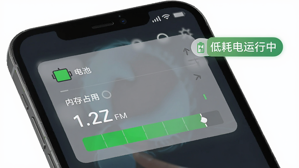 应用自动隐藏后台运行状态示意图,手机屏幕显示电池和内存占用数据面板,数值处于低位绿色区间,旁边有“低耗电运行中”的文字标签,风格数据可视化简洁风,画质干净无多余元素