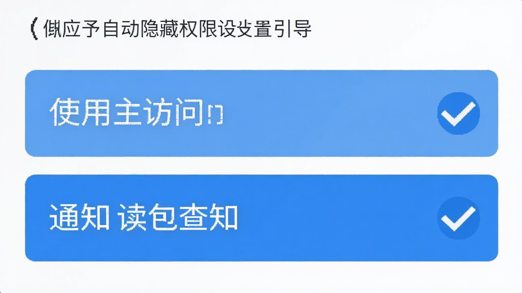 应用自动隐藏权限设置引导界面截图,手机屏幕显示权限授予步骤列表,包含使用情况访问和通知读取两个高亮条目,界面用蓝色对勾标记已完成项,风格清晰教程风,画质干净无多余元素