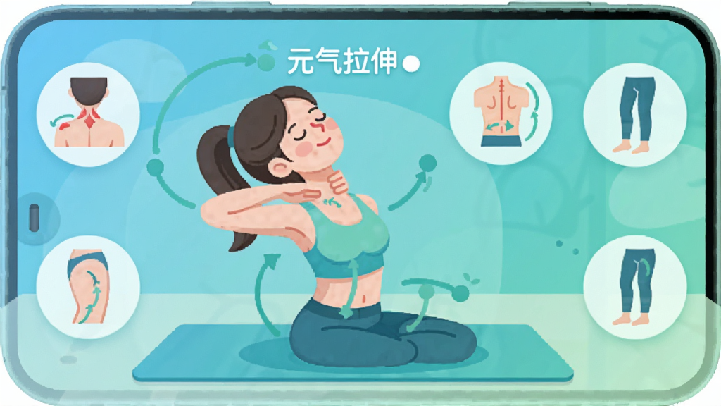�ֻ���Ļ������ʾ��Ԫ�����족Ӧ�ý��棬һλ����Ů�����٤�������������춯������Χ�����ż羱���������Ȳ������첿λ��ͼ�꣬���岼�ּ��������������±�ƽ��������ɫ��Ϊ����ϸ��Բ����ͣ����ʸɾ��޶���Ԫ��