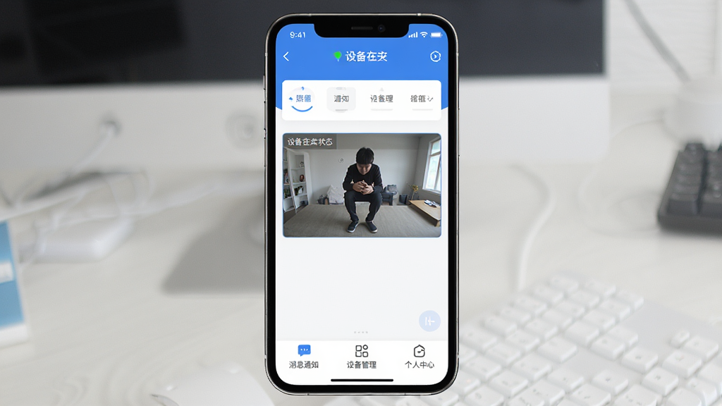 一张展示陪你安软件核心全貌的图片,画面中央是手机屏幕显示陪你安App主界面,顶部显示设备在线状态,中间为摄像头实时画面预览窗口,底部排列着消息通知、设备管理和个人中心三个功能标签,整体布局清晰,风格现代简约,以蓝白色调为主,画质干净,无多余元素