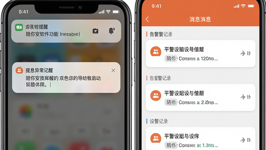 一张陪你安软件功能展示图,画面左侧是手机通知栏弹出异常提醒消息,右侧是App内消息列表界面,按设备分类展示告警记录,界面采用卡片式设计,文字标签清晰,风格扁平化,画质干净,无多余元素
