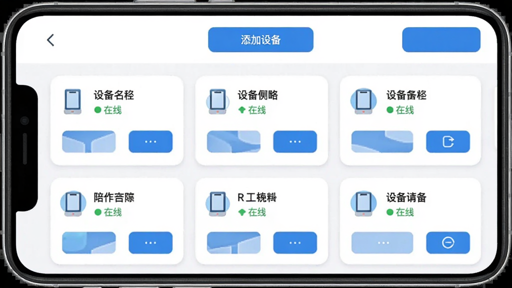 一张陪你安软件设备管理界面展示图,画面中手机屏幕显示设备列表,每个设备卡片包含设备名称、在线状态图标和快捷操作按钮,界面顶部有添加设备按钮,整体布局规整,风格简洁明快,以蓝白配色为主,画质干净,无多余元素