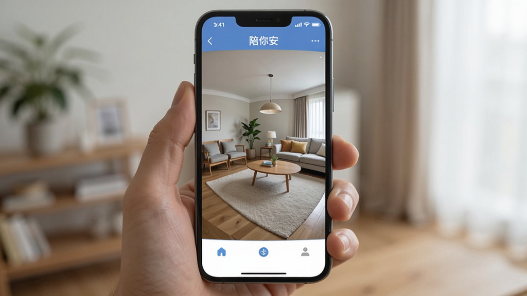 一张陪你安软件使用场景示意图,画面展示用户手持手机查看陪你安App实时画面,手机屏幕中显示家中客厅摄像头视角,画面清晰,背景为居家环境,整体风格写实自然,光线柔和,画质干净,无多余元素
