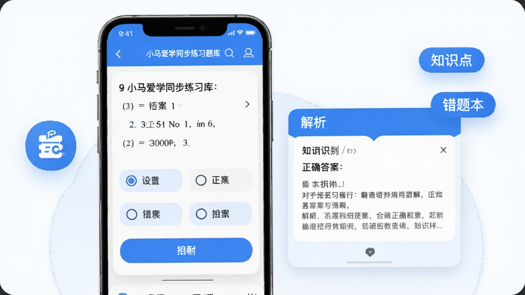 一张展示小马爱学同步练习题库功能的界面图,手机屏幕中显示数学练习题页面,题目下方有选项按钮和提交按钮,提交后弹出解析卡片显示正确答案和知识点讲解,屏幕旁边有错题本图标和知识点标签浮动,风格简洁现代,蓝白配色,画质干净清晰