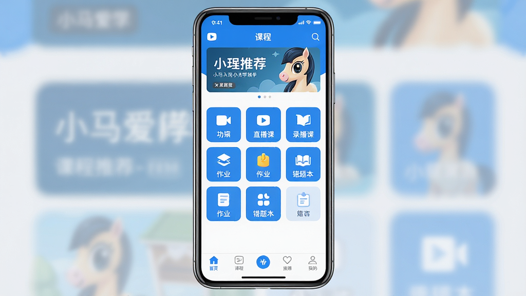 一张展示小马爱学软件核心全貌的界面截图,画面中央是手机屏幕,屏幕内显示小马爱学APP的主界面,顶部有课程推荐横幅,中间是功能图标网格包含直播课、录播课、作业、错题本等入口,底部导航栏清晰,整体采用蓝白配色,风格清爽现代,画质干净清晰,无多余元素