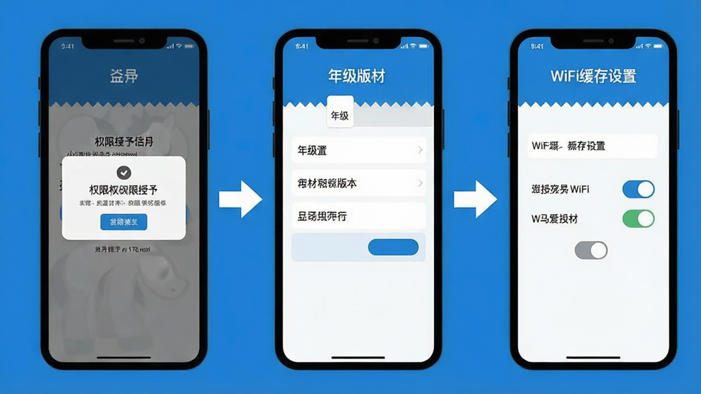 一张展示小马爱学新手安装设置流程的示意图,画面分为三个并列的手机屏幕,第一屏显示权限授予弹窗,第二屏显示年级和教材版本选择界面,第三屏显示WiFi缓存设置开关,屏幕之间有箭头连接,风格为扁平化信息图,蓝白配色,文字标签清晰,画质干净无多余元素