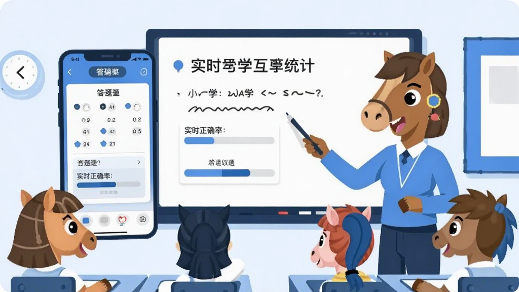 一张展示小马爱学直播互动课堂功能的场景图,画面中一位老师正在电子白板前讲课,旁边悬浮着学生端手机界面,界面显示选择题答题卡和实时正确率统计条,课堂氛围活跃,风格为扁平化插画,蓝白主色调,细节清晰,画质干净无多余元素