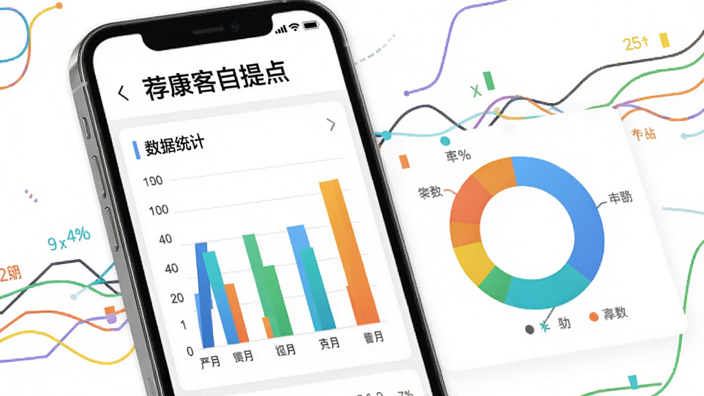 一张展示“荐康客自提点”数据统计页面的图片,画面为手机屏幕显示柱状图和环形图,图表颜色鲜明,旁边有抽象的数据线条装饰,风格商务简洁,画质干净,背景为白色,突出数据可视化效果