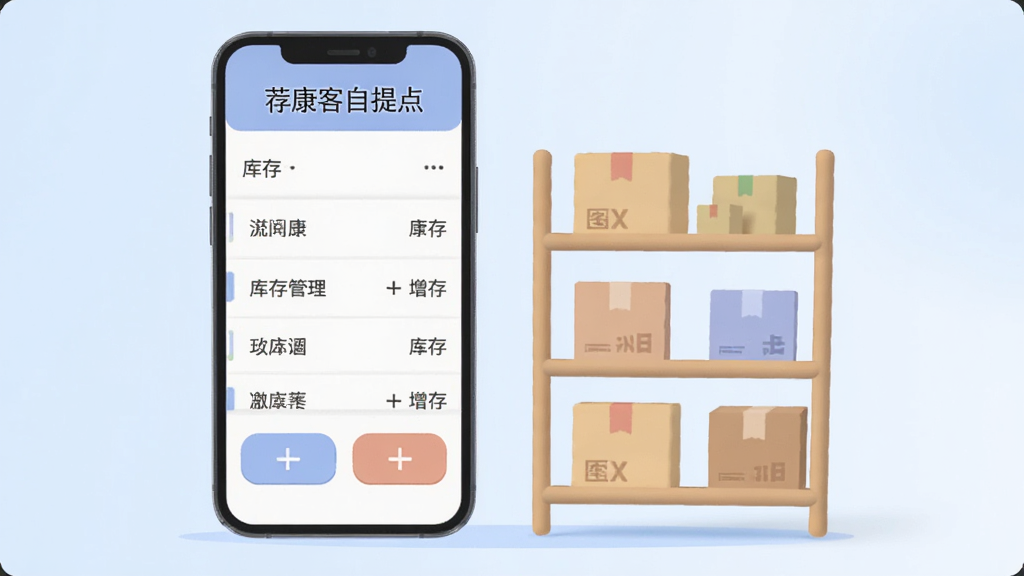 一张表现“荐康客自提点”库存管理功能的图片,画面为手机屏幕显示库存列表和数字增减按钮,旁边有虚拟的货架和包裹元素作为装饰,风格扁平化,色彩柔和,画质干净,无多余元素,背景为浅蓝色渐变