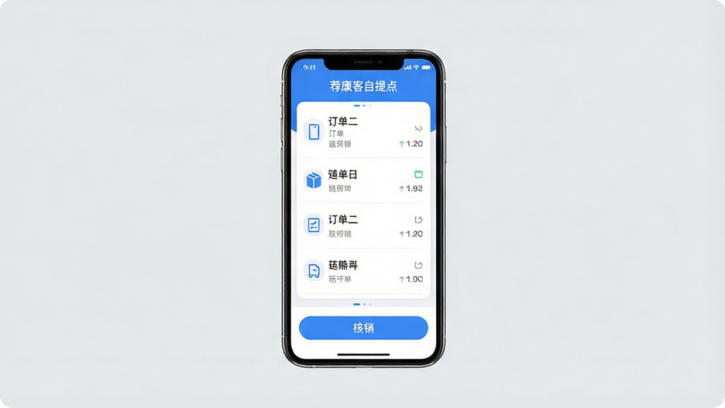 一张手机屏幕展示“荐康客自提点”软件主界面的图片,画面中央是手机正视图,屏幕内显示简洁的订单列表和核销按钮,界面以蓝白色调为主,布局清晰,风格现代扁平,细节圆润,画质干净,无多余元素,背景为浅灰色纯色背景,主体突出软件全貌