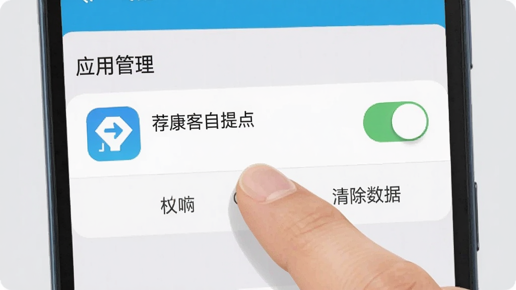 一张展示手机设置界面的图片,画面中手指正在点击“应用管理”里的“荐康客自提点”图标,旁边有权限开关和清除数据的按钮示意,风格扁平化,色彩清晰,画质干净,背景为浅灰色,突出操作指引