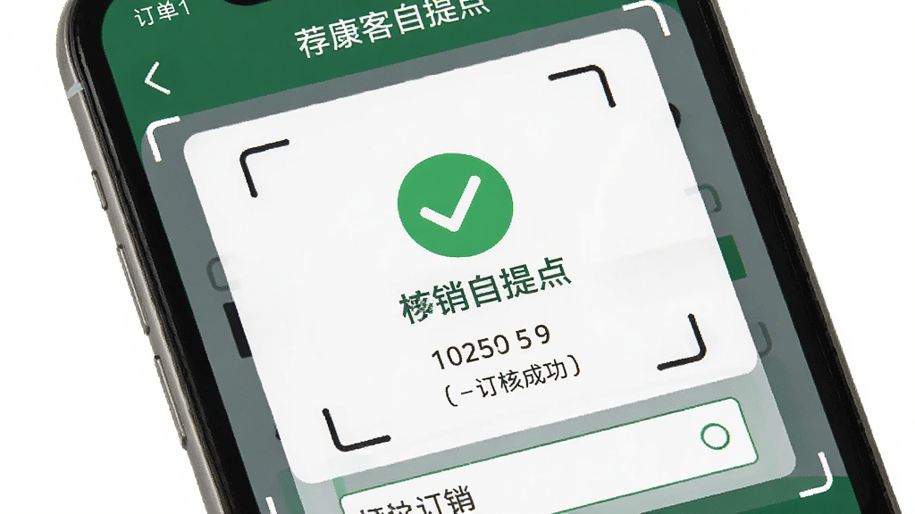 一张展示“荐康客自提点”订单核销界面的图片,画面为手机屏幕特写,屏幕中央显示绿色的核销成功对勾和订单详情,周围有扫描框和输入框元素,风格简洁明快,画质干净,背景为纯白色,突出核销功能的便捷感