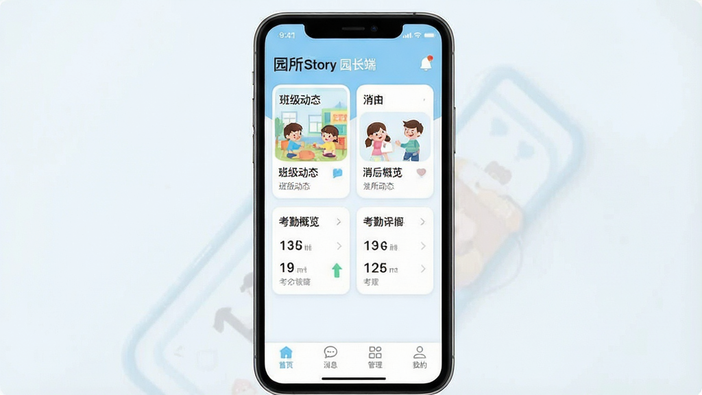 һ��չʾ��LearningStory ԰���ˡ��ֻ�Ӧ�ý���ĳ���ͼ������������һ�������ڷŵ������ֻ�����Ļ����ʾӦ����ҳ��������԰�����ƺ�֪ͨͼ�꣬�м��ǰ༶��̬��Ƭ�Ϳ��ڸ���ģ�飬�ײ�Ϊ��ҳ����Ϣ���������ҵ��ĸ�������ǩ������������������ִ���ɫ����ǳ���Ͱ�ɫΪ����ϸ��Բ��ɾ������������޶���Ԫ��