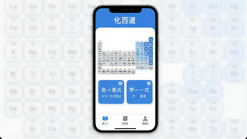 һ���ֻ�Ӧ�ý���չʾͼ�����������ǡ����ٵ���App�������棬������ʾ�������ơ����ٵ������м��ǻ�ѧԪ�����ڱ��ͷ���ʽ��ѯ��ڿ�Ƭ���ײ�Ϊ��ϰ�����ϡ��ҵ�����ѡ������岼�ּ��������������ɫ������ִ���ƽ��ϸ��Բ�󣬻��ʸɾ��޶���Ԫ��