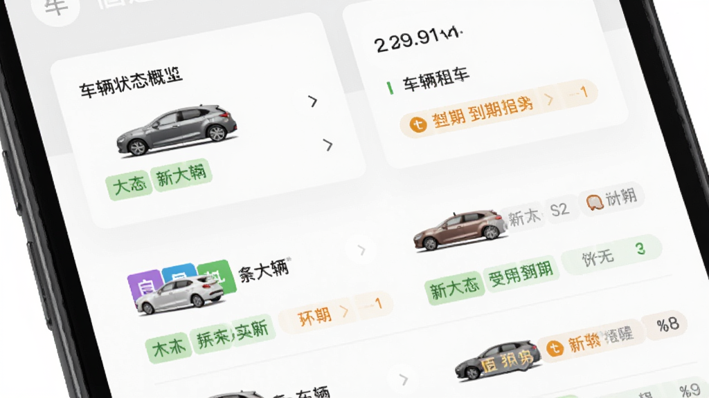 �ε��⳵�̼Ҷ�Ӧ���ڳ����������棬��������Ϊ�ֻ���Ļ��д������Ϊ���½ṹ���Ϸ��ǳ���״̬������Ƭ���·��ǳ����б����Ű����룬���Ϊ��Լ����磬ϸ����ÿ̨������״̬ɫ���ǩ����������ͼ�꣬���������ɾ��޶���Ԫ��